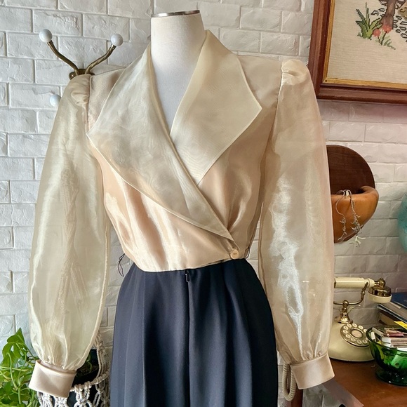 Vintage J.R. Nites by Caliendo Sheer Gold Puff Sleeve Jeweled Belted Jumpsuit - Picture 9 of 16